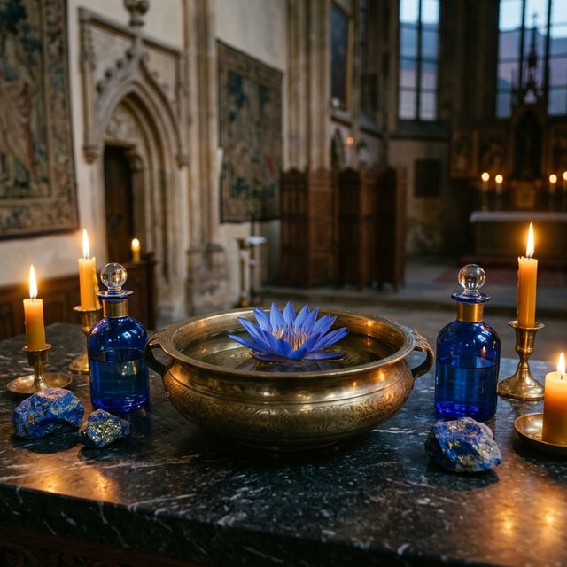 Royal Blue Lotus blossom in brass offering bowl with cobalt flacons
