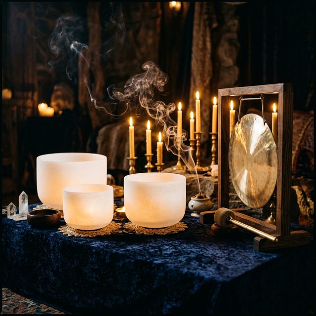 Crystal singing bowls and sound instruments in candlelit sanctuary