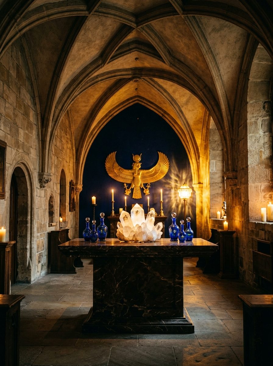 The candlelit interior of the OHORAI sanctuary with Bohemian quartz altar